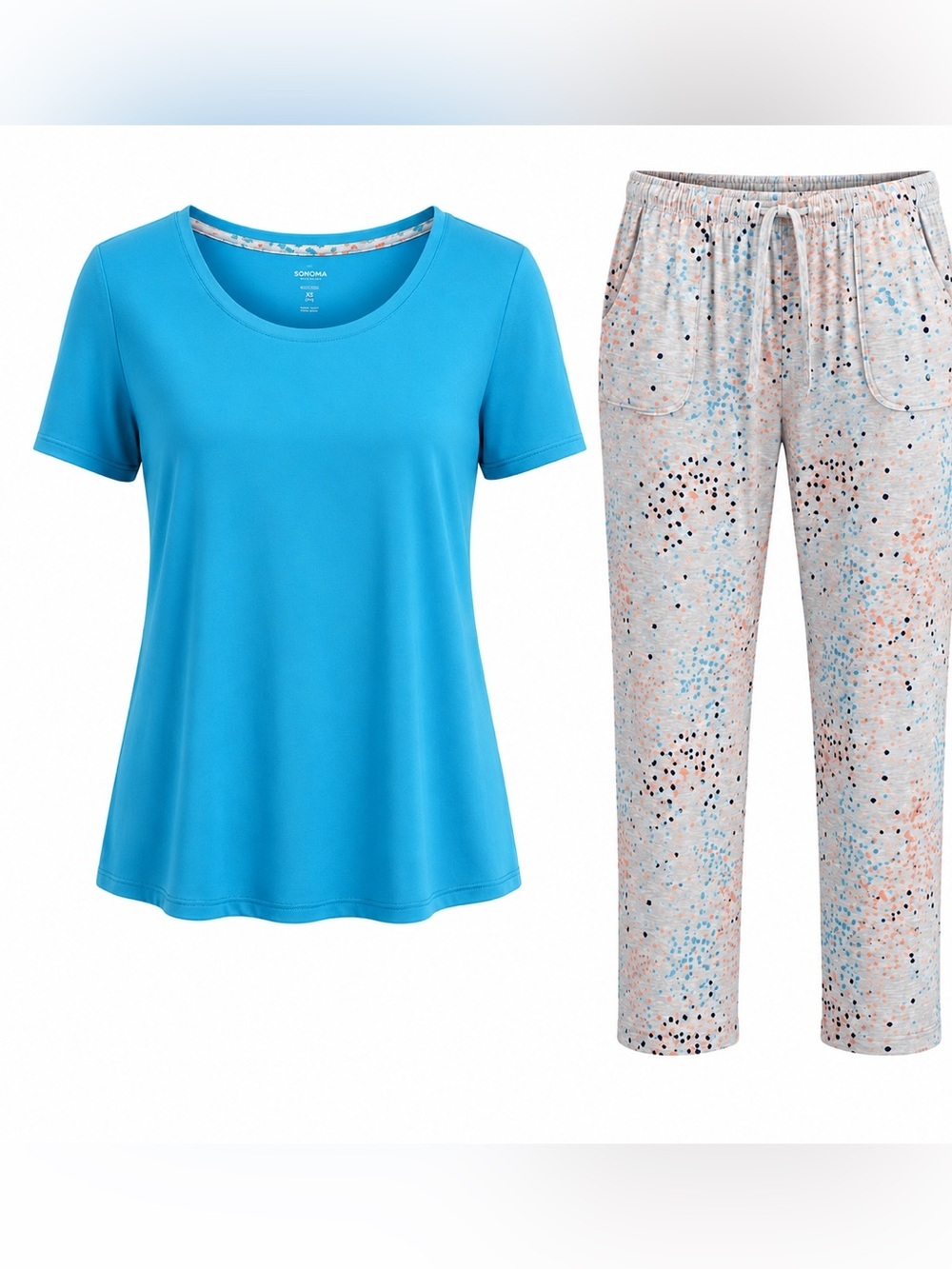 Sonoma Sleepwear Pajama Set XL Blue Top Gray Confetti Pants Pockets NWOT